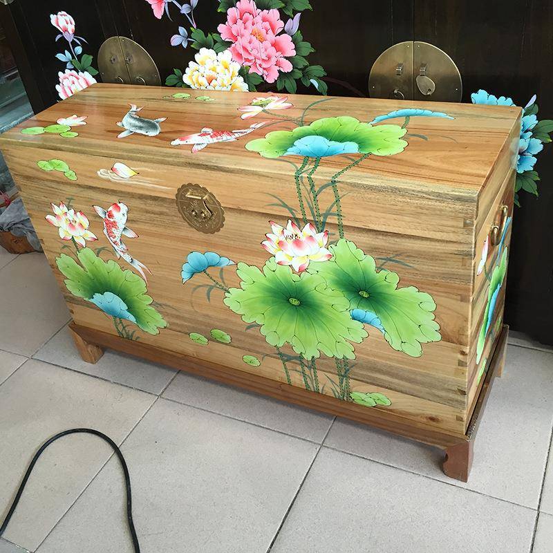 卧室香樟木私房箱手绘字画箱收纳储物家居用品樟木嫁妆箱中式家具