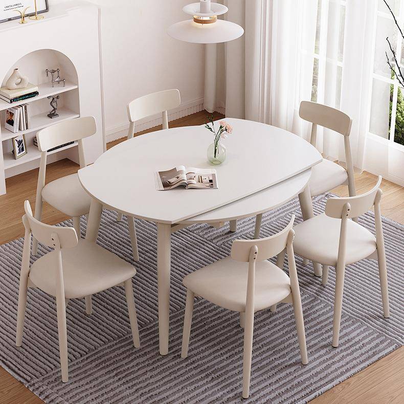 奶油风实木岩板餐桌椅组合可伸缩变圆桌子简约家用小户型吃饭桌