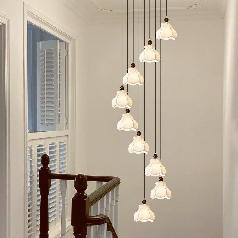 法式中古风楼梯间大吊灯复式别墅挑空高层浪漫公寓客厅旋转长吊灯