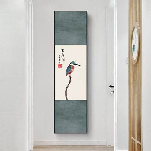花鸟入户玄关装饰画竖版新中式走廊过道壁画荷花茶室挂画翠鸟画