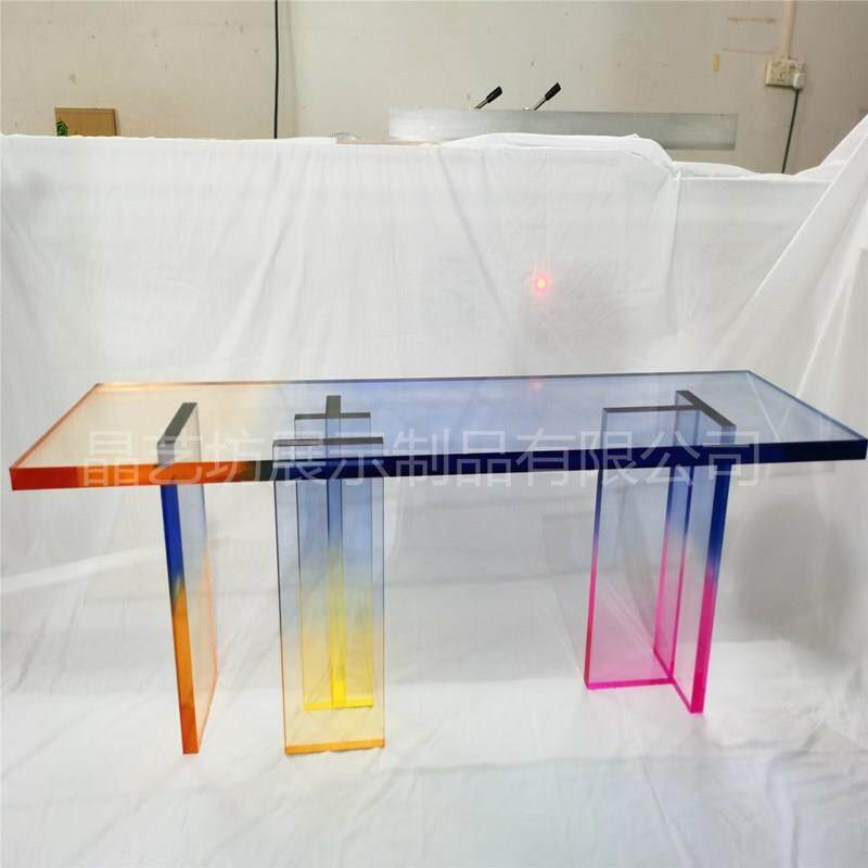 亚克力透明渐变色染色桌子粉色橙色七彩玄关台彩色茶几软装装饰
