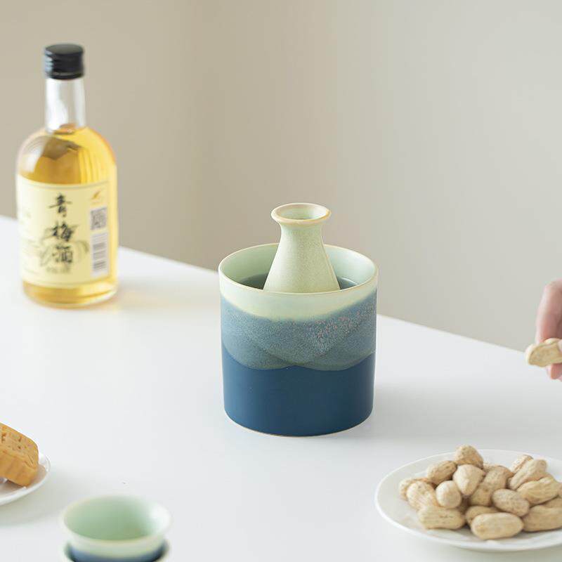 千里江山蓝绿渐变陶瓷酒装具套温器山隐酒具分酒器白酒杯黄酒杯酒