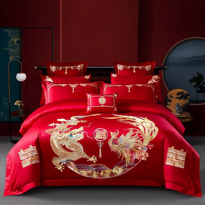 全棉婚庆结婚四件套婚礼床上用品大红色结婚被套纯棉婚房套件龙凤