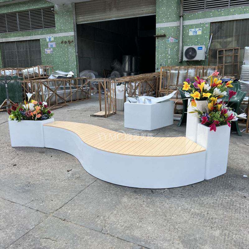 玻璃钢木纹长条休闲椅组合花盆商场长廊座椅户外广场坐凳长椅