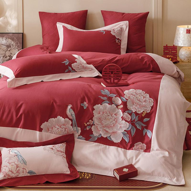 新中式婚庆100S全棉磨毛四件套秋冬牡丹刺绣被套红色结婚床上用品