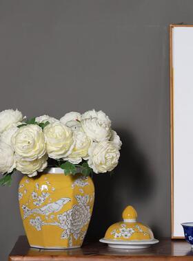 中式01黄色青花花陶瓷瓶创意手绘培插花玄花器复水古桌面关摆件