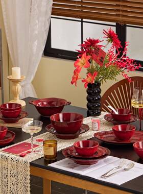 窑变婚红釉下瓷餐具套装结嫁妆YNN新彩娘礼物乔陶迁碗碟套装高档