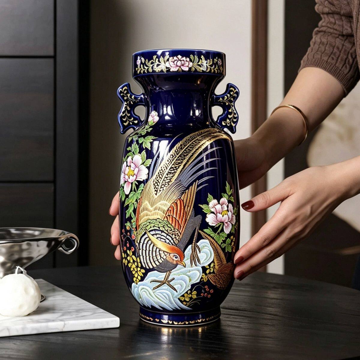 日本回流九谷烧手绘描金陶瓷花瓶 复古花鸟瓷瓶 家居玄关陈列摆件