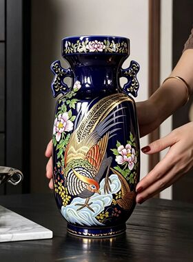 日本回流九谷烧手绘描金陶瓷花瓶 复古花鸟瓷瓶 家居玄关陈列摆件
