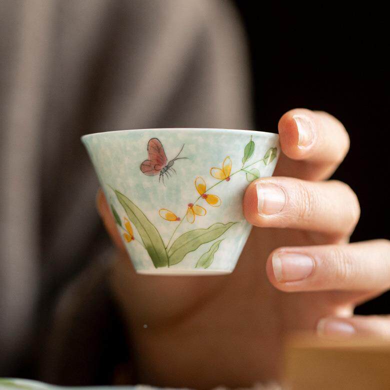 弥言纯手绘花蝴浅蓝&mdash;蜜蝶茶杯带杯垫胎手工兰陶瓷薄品茗杯家用主
