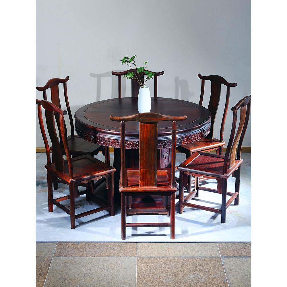 红木桌圆桌雕花圆台餐古典老新挝家桌CZ-2具中式圆黄檀家用红木餐