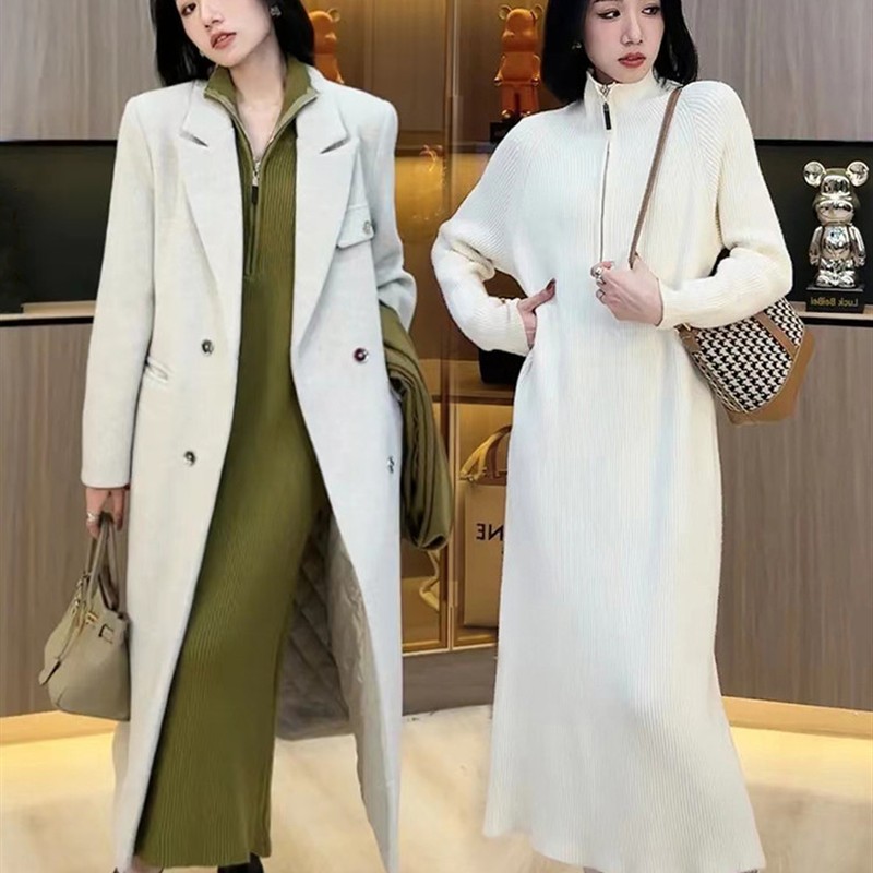 高级感配大衣的毛衣裙女中长款内搭打底裙高领拉链针织连衣裙冬装