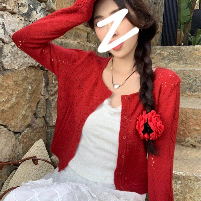 设计感镂空短款红色开衫女夏季薄款外搭修身显瘦防晒针织长袖上衣