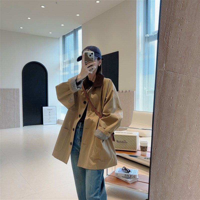 燕小麦布拉格之秋全棉廓形小个子中长款风衣女撞色宽松卡其色外套