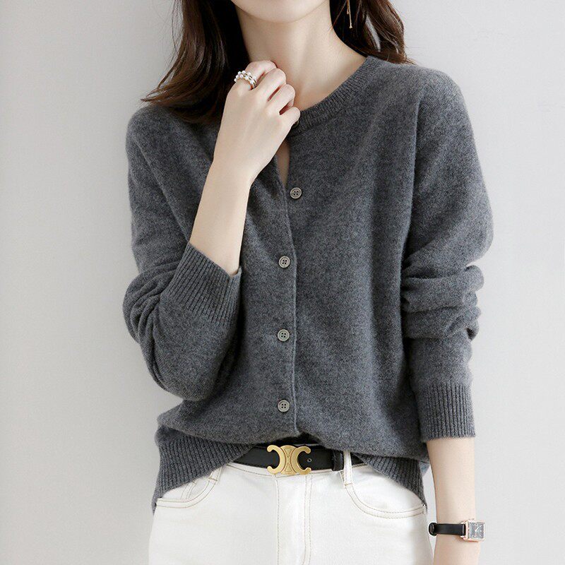 打底毛衣开衫外套女2025春秋新款深灰色女款外搭春装高级感针织衫