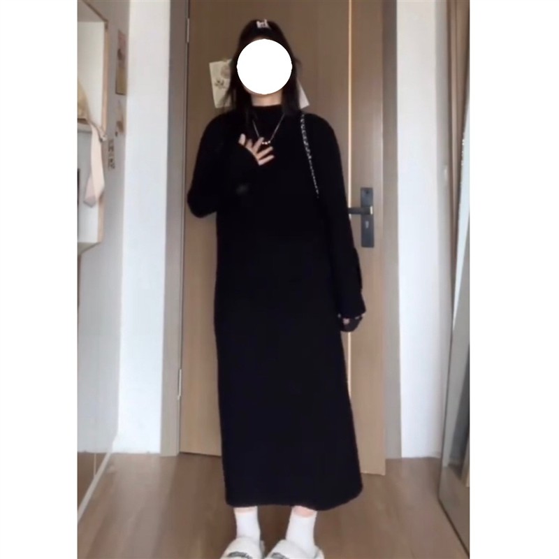 现货FFAN 11 韩版打底针织连衣裙女半高领长款过膝毛衣裙黑白百搭