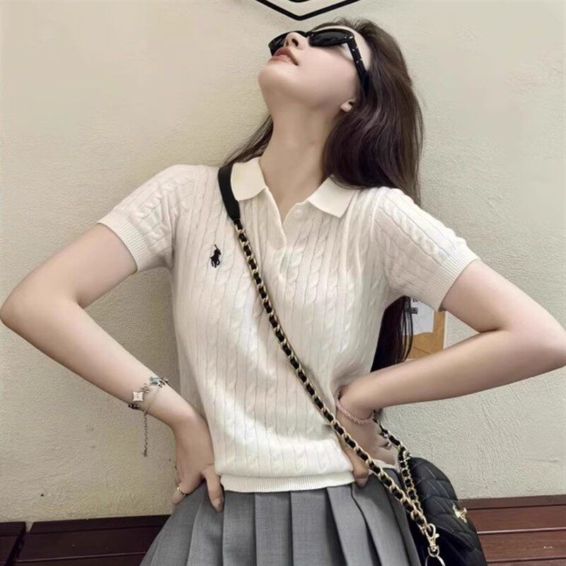 法式正肩Polo领冰丝针织衫短袖T恤女夏季设计感麻花刺绣修身上衣