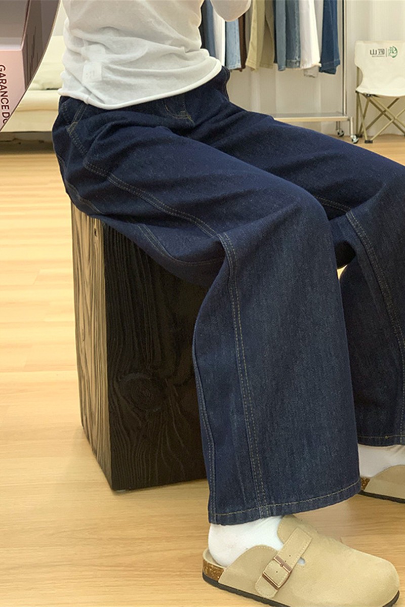 美式深蓝色高腰宽松阔腿牛仔裤女秋冬小个子复古加绒原色直筒裤子