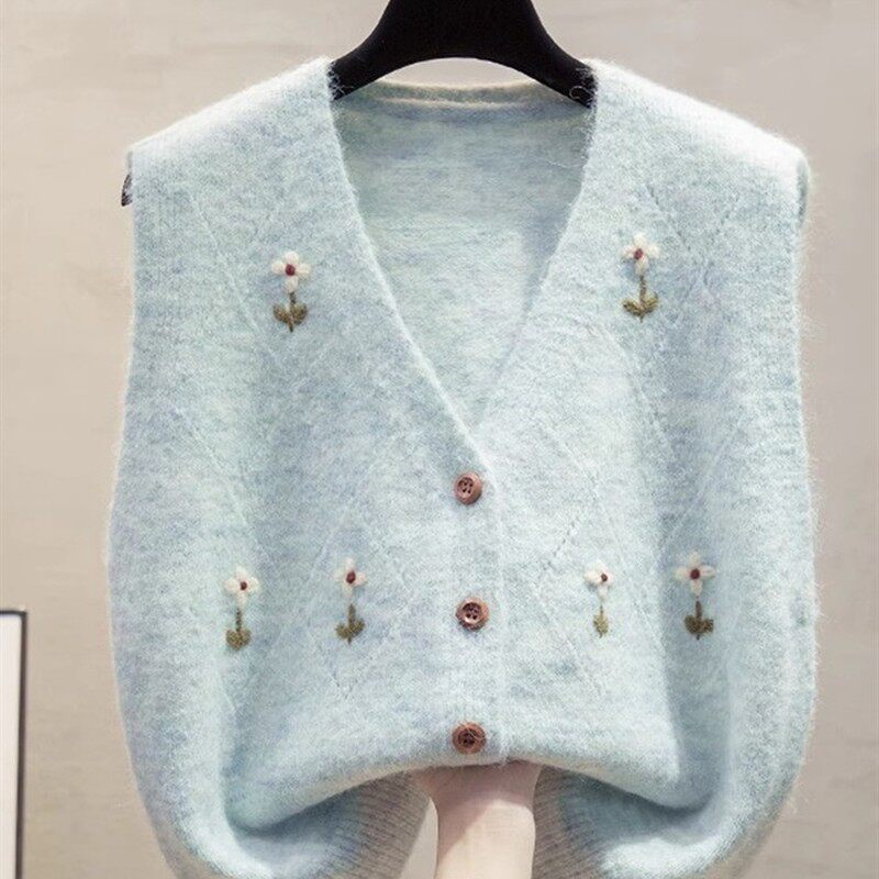 手工绣花开衫v领针织马甲背心女春秋季新款宽松外穿马夹毛衣坎肩