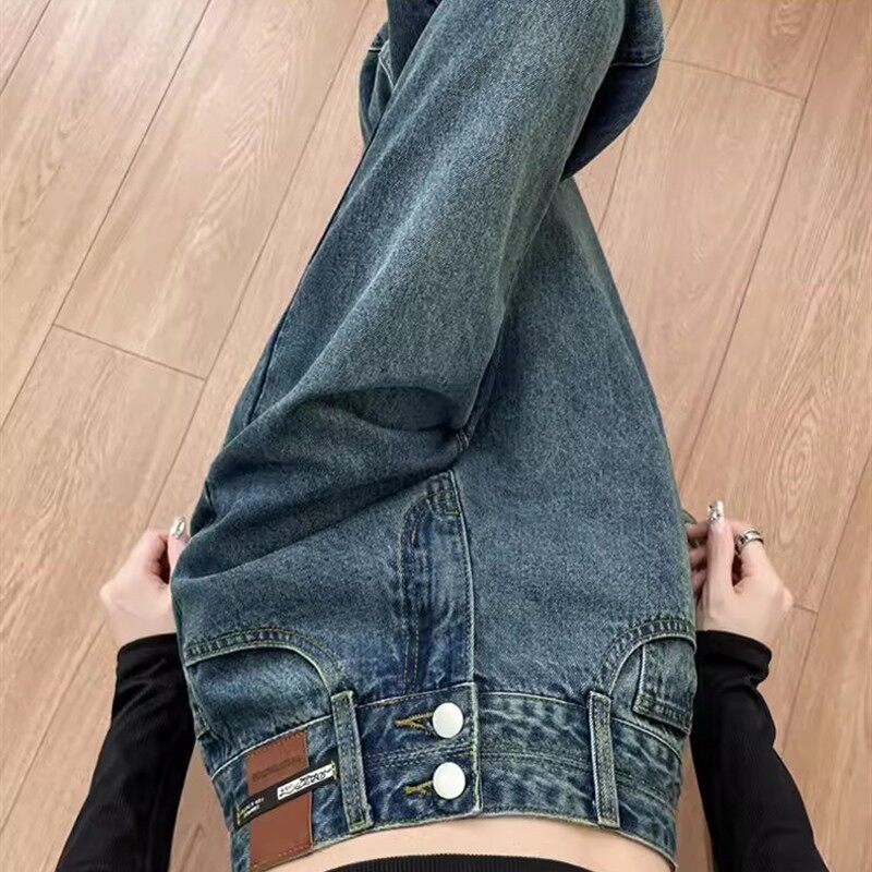 覆古直筒牛仔裤女春秋小众设计感双扣高腰小个子窄版垂感拖地长裤
