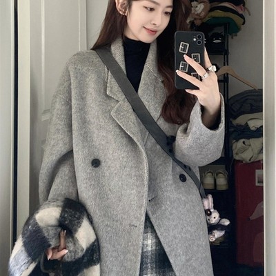 灰色呢子大衣2024秋冬季韩系中长款高级感小个子赫本风毛呢外套女