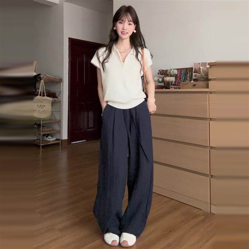 韩系chic穿搭白色polo领正肩短袖t恤女夏季冰丝针织修身短款上衣