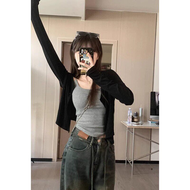 黑色薄款长袖针织开 衫女夏季新款小个子外搭上衣防晒短款外套罩