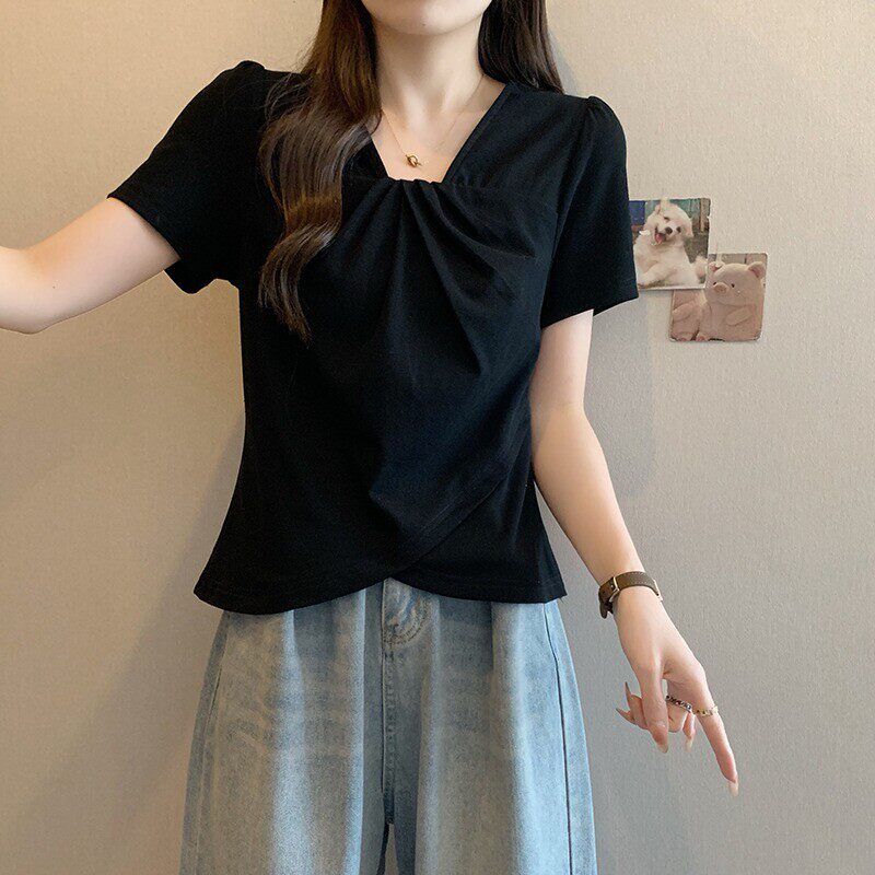 设计感v领不规则正肩T恤女2025夏季微胖妹妹大码修身显瘦短袖上衣