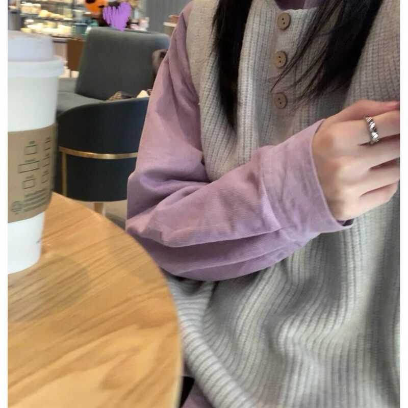 春秋季穿搭一整套高级感温柔系职业紫色灯芯绒衬衫针织马甲套装女