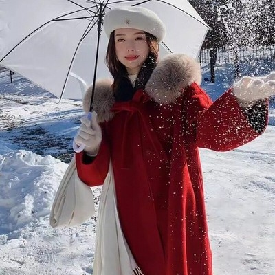 红色小魔女双面羊绒大衣女2024冬装新款狐狸毛大毛领斗篷毛呢外套