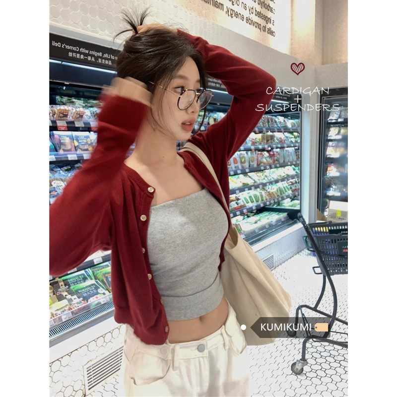 红色开衫女装夏季针织衫外套小个子修身显瘦黑色毛衣外搭短款上衣