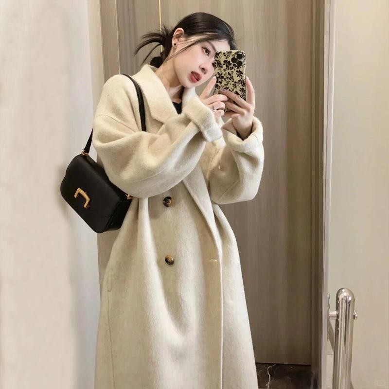 燕麦色双面羊毛大衣女中长款2024秋冬小个子赫本风0羊绒毛呢外套