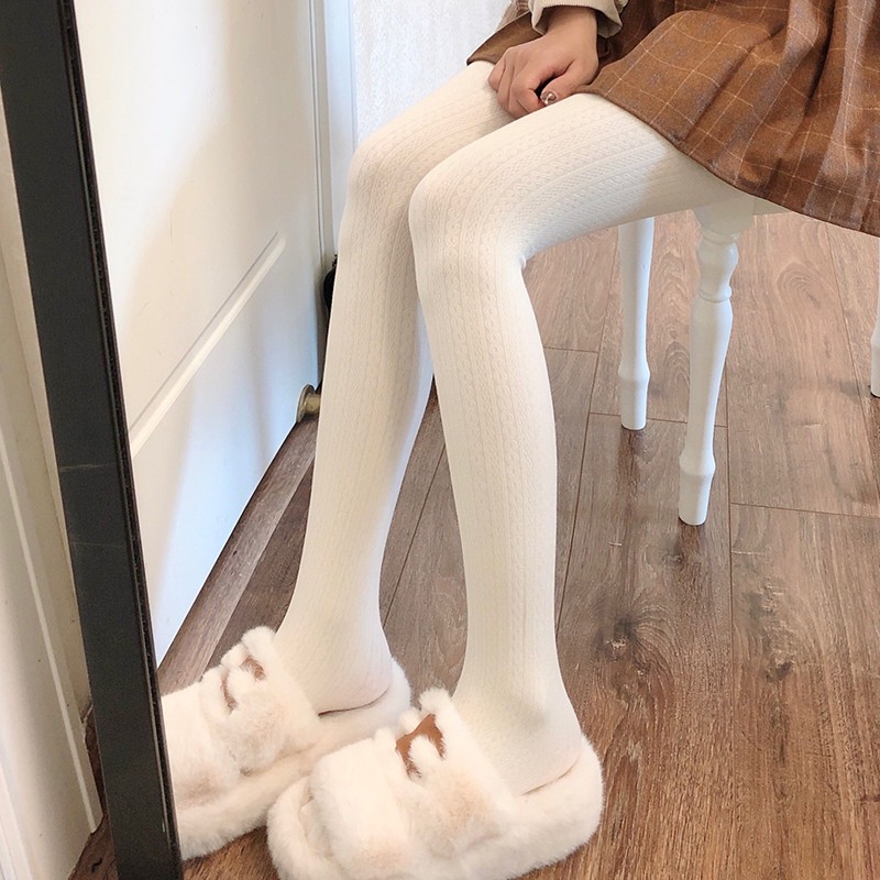 秋冬加厚打底裤女日系jk奶白色丝袜麻花麦穗保暖加绒米白色连裤袜
