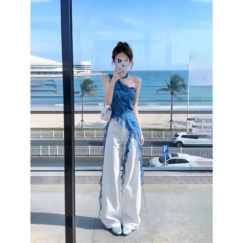 蓝色挂脖斜肩吊带背心女夏季不规则飘带荷叶边无袖外穿绝美上衣潮
