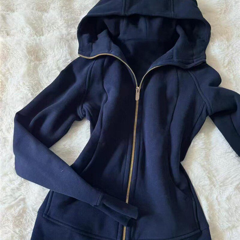 藏青色修身卫衣外套女款初秋季正肩收腰紧身上衣连帽瑜伽服小个子