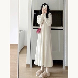 韩版中长款过膝配大衣毛衣裙秋冬法式长裙打底内搭白色针织连衣裙