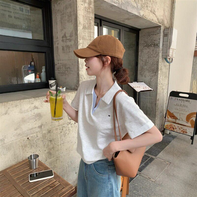 韩系学院风减龄短袖POLO衫V领正肩T恤女夏季小个子短款假两件上衣