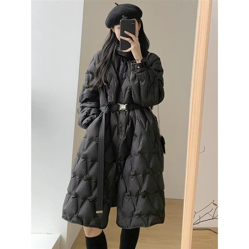 冬季洋气立领轻薄羽绒棉服女设计感小众中长款过膝加厚系带收腰潮