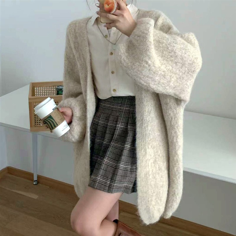 高级感毛衣外套女中长款慵懒风宽松软糯温柔风秋季灯笼袖针织开衫