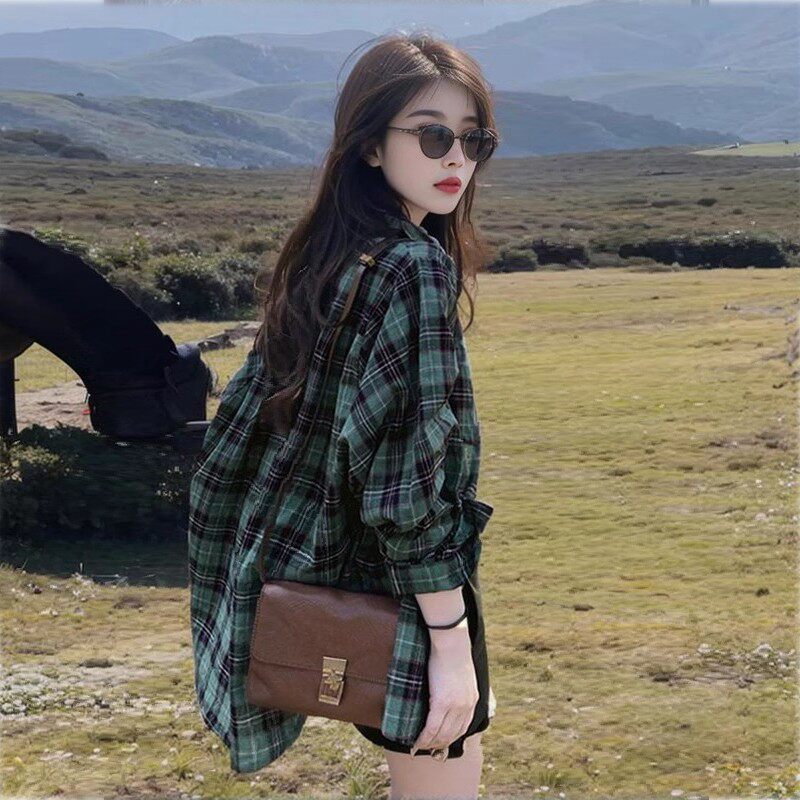 绿色格子防晒衬衫女夏季薄款小个子外搭开衫宽松衬衣外套长袖上衣