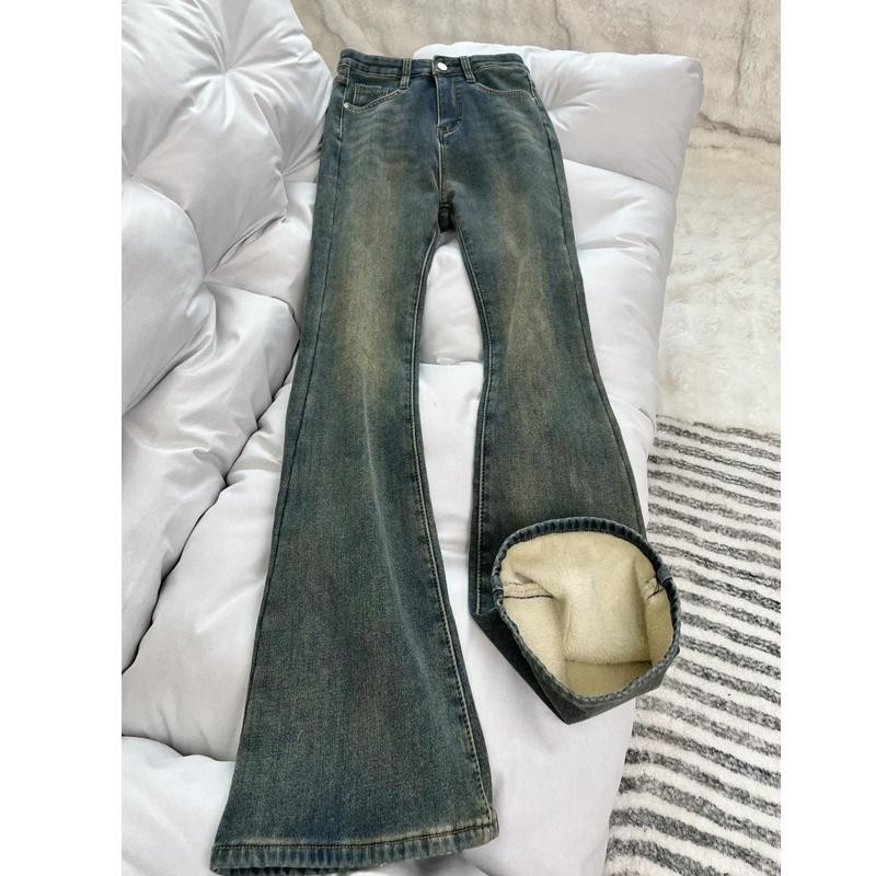 复古蓝加绒加厚微喇牛仔裤女秋冬大码胖mm高腰遮胯显瘦喇叭马蹄裤