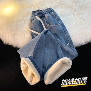 冬季加绒牛仔裤男加厚松紧腰男款宽松男士直筒阔腿男生秋冬裤子男
