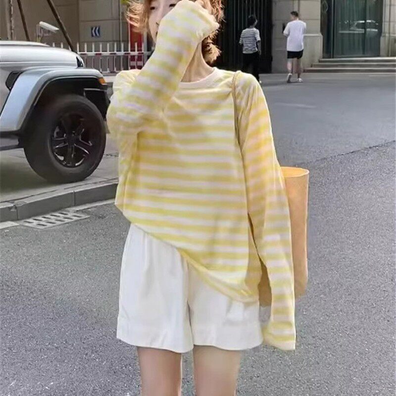 黄色条纹薄纱防晒罩衫女夏季薄款松弛感外搭冰丝长袖t恤外穿上衣
