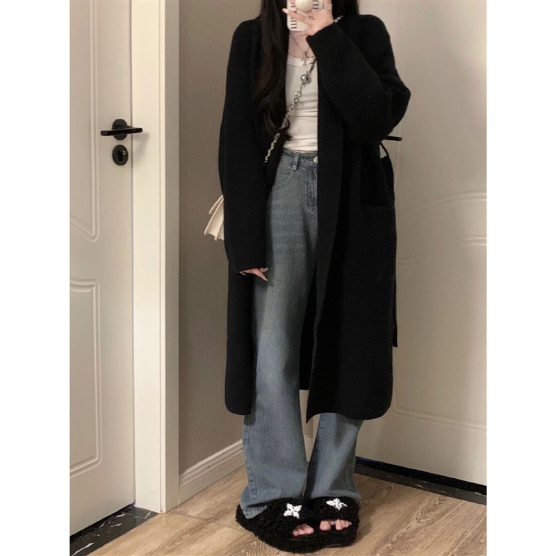 2025新款慵懒风过膝中长款针织开衫外套女宽松黑色显瘦百搭毛衣女