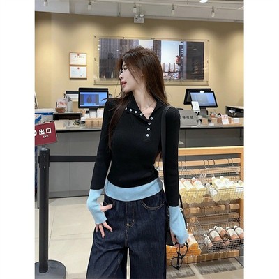 拼接撞色设计感翻领打底毛衣女春秋季修身显瘦气质加厚内搭针织衫