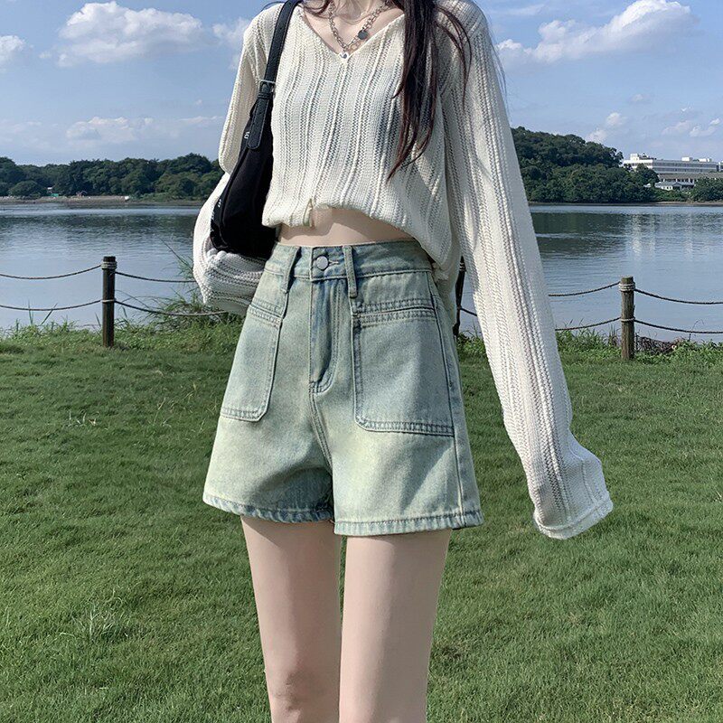 蓝色复古高腰牛仔短裤女2025年夏季新款宽松显瘦薄款a字阔腿热裤