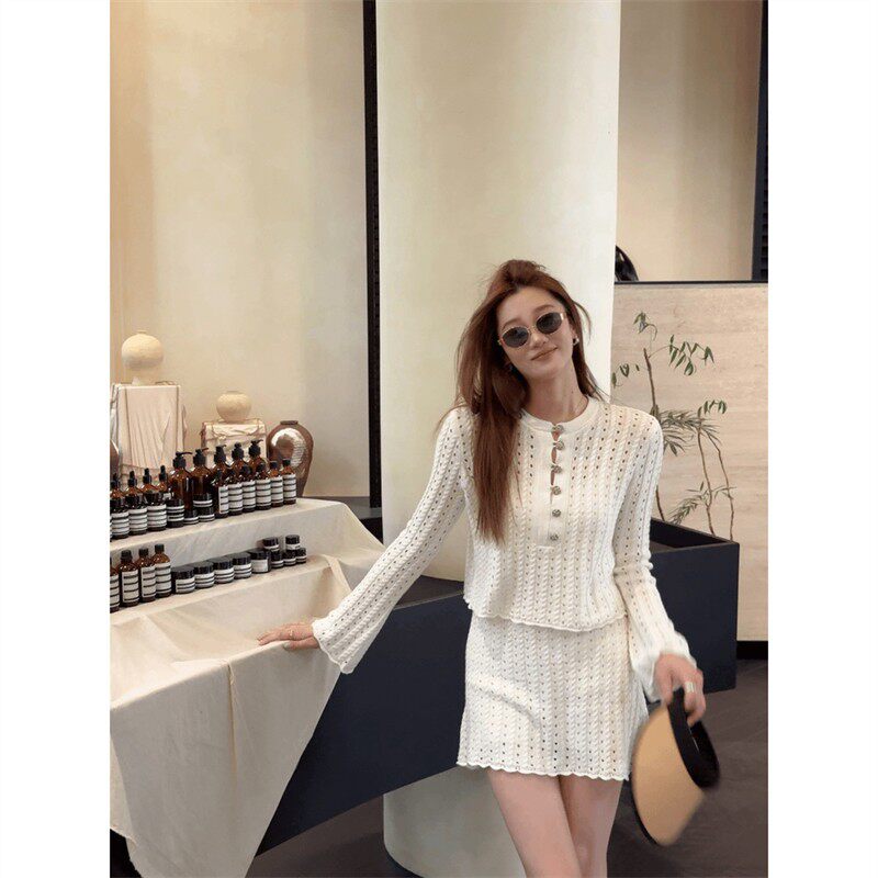 小香风气质套装女夏季白色镂空上衣一整套ootd穿搭新款洋气半身裙