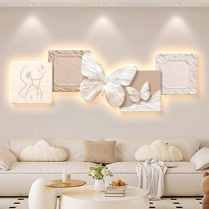 EED式油风客厅装饰室画高级法感沙发奶背景墙挂画蝴蝶壁灯卧床头,家居饰品,现代装饰画,淘宝优惠券,粉丝福利购,淘宝优惠卷