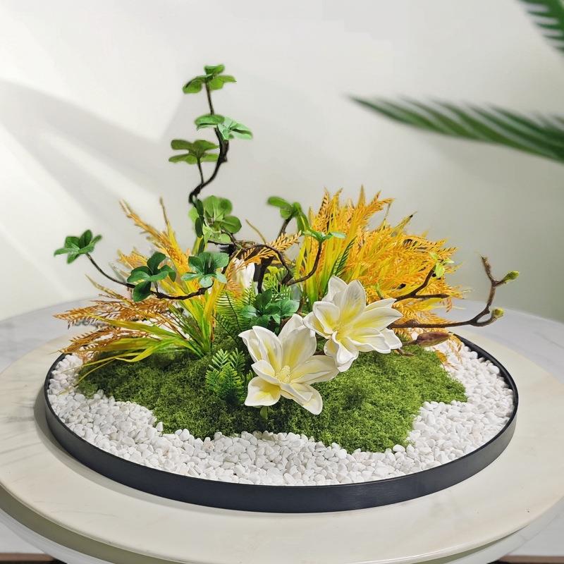 中式高档新酒店大圆桌盘转中间装饰摆件真仿花F99ST75S高端餐厅餐