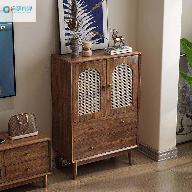 客厅斗柜纳柜小储立柜物柜电柜视旁收RCU边置物柜五斗柜胡桃色简